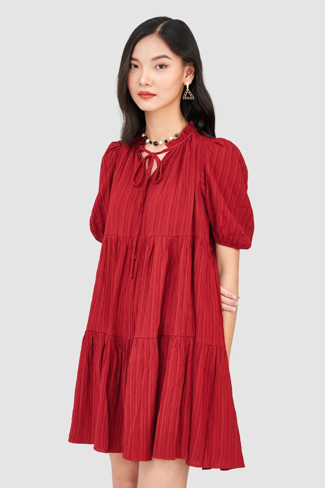 Đầm form babydoll 3 tầng tay phồng