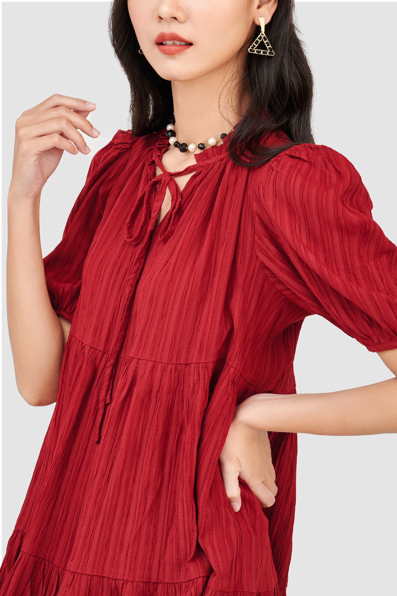 Đầm form babydoll 3 tầng tay phồng