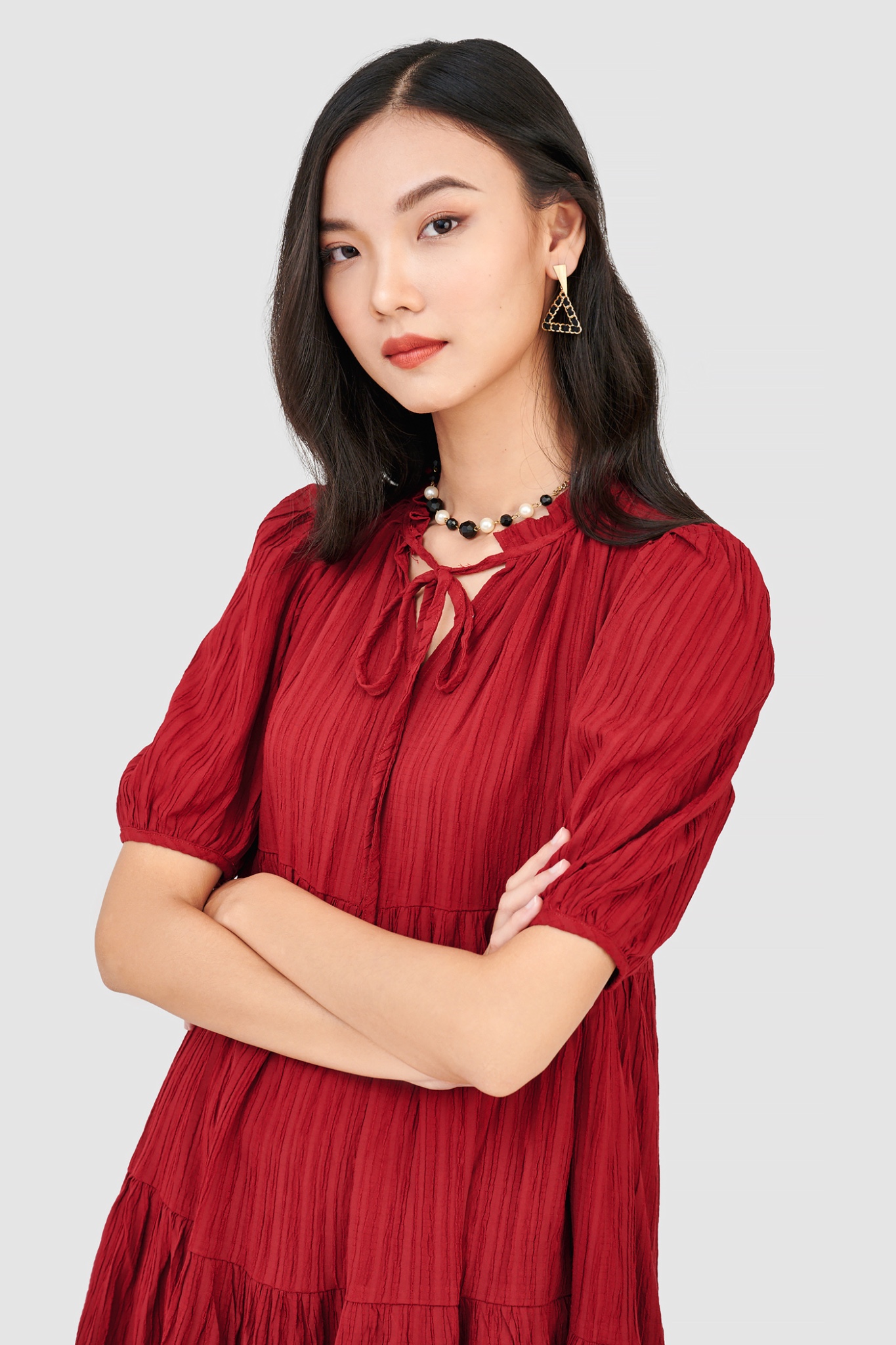 Đầm form babydoll 3 tầng tay phồng