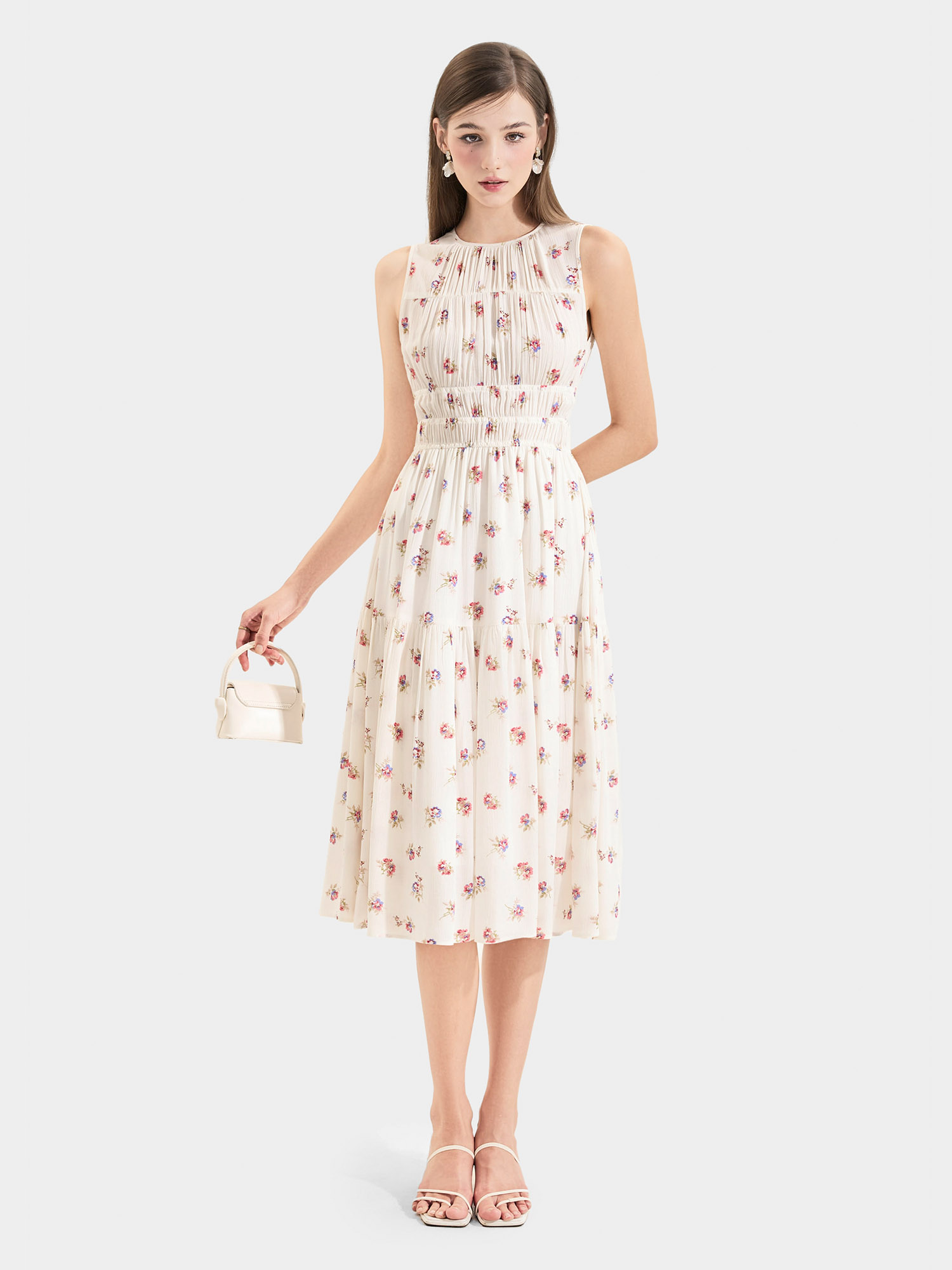 Đầm midi hoạ tiết hoa sát nách rút nhún ngực thun eo