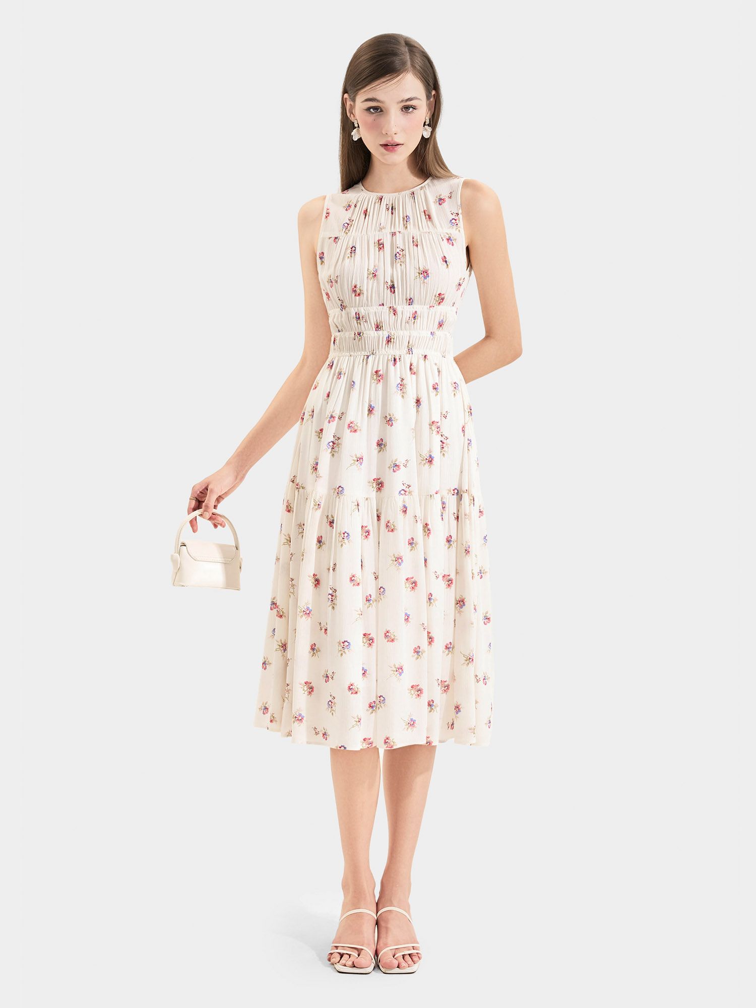  Đầm midi hoạ tiết hoa sát nách rút nhún ngực thun eo 