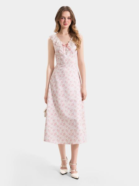  Đầm midi in hoa sát nách cổ tim viền ren đính nơ 