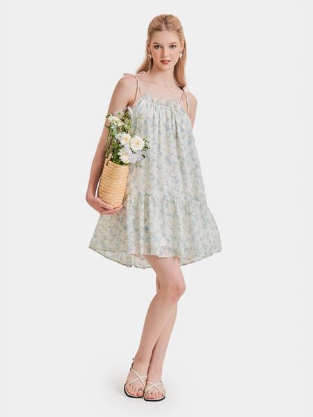  Đầm mini 2 dây thêu hoa form suông phối bèo 