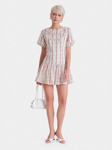  Đầm mini hoa hạ eo tay phồng cổ tròn 