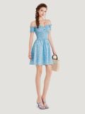  Đầm hoa mini bẹt vai smocking 