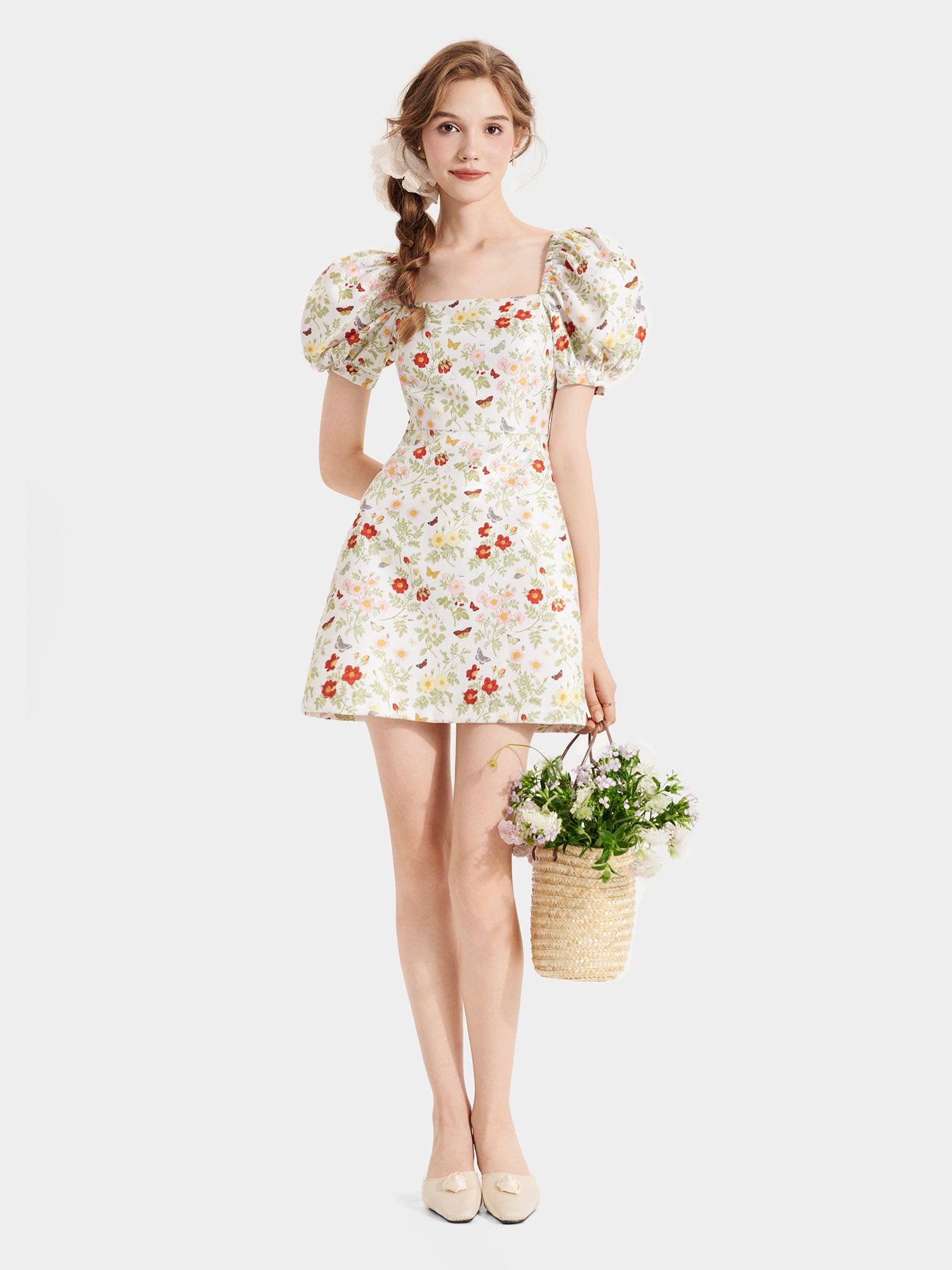 Đầm mini in hoa cổ vuông tay phồng nhún thun