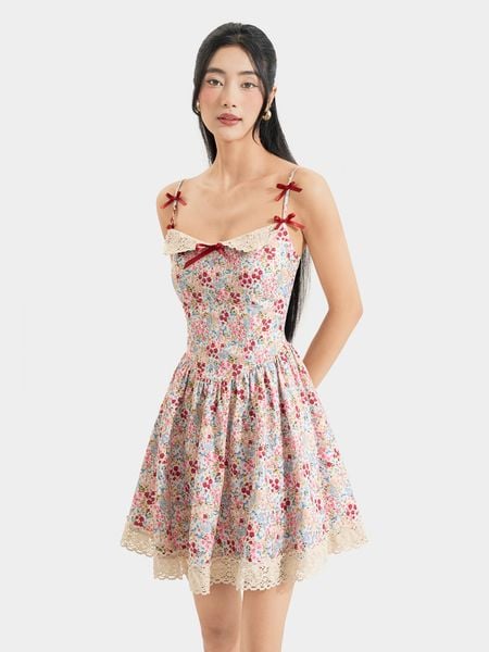  Đầm mini 2 dây đính nơ in hoa phối ren smocking lưng 