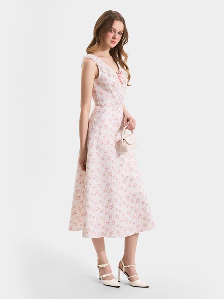  Đầm midi in hoa sát nách cổ tim viền ren đính nơ 