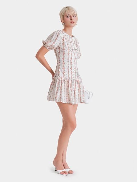  Đầm mini hoa hạ eo tay phồng cổ tròn 