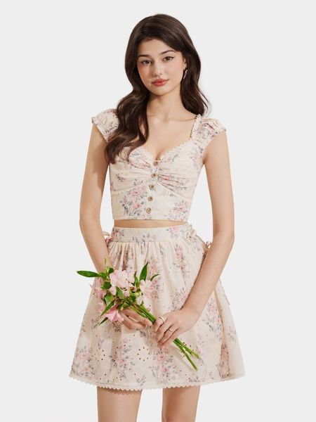  Áo croptop boi thêu họa tiết phối ren đính nút gỗ 