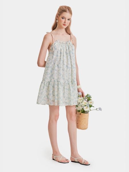  Đầm mini 2 dây thêu hoa form suông phối bèo 