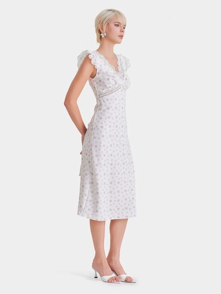  Đầm midi họa tiết hoa cổ V phối ren 