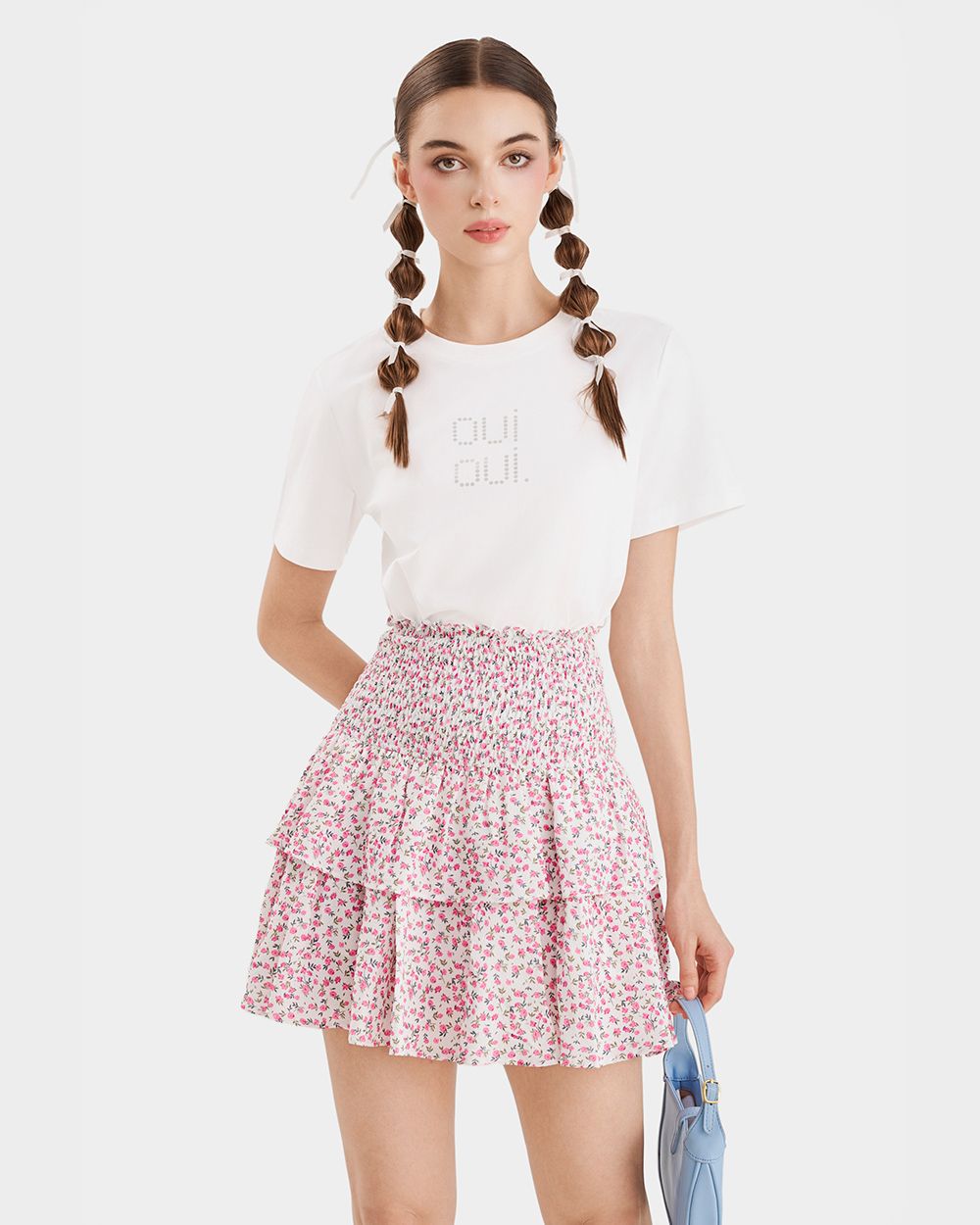  Váy mini form A smocking lưng phối bèo 