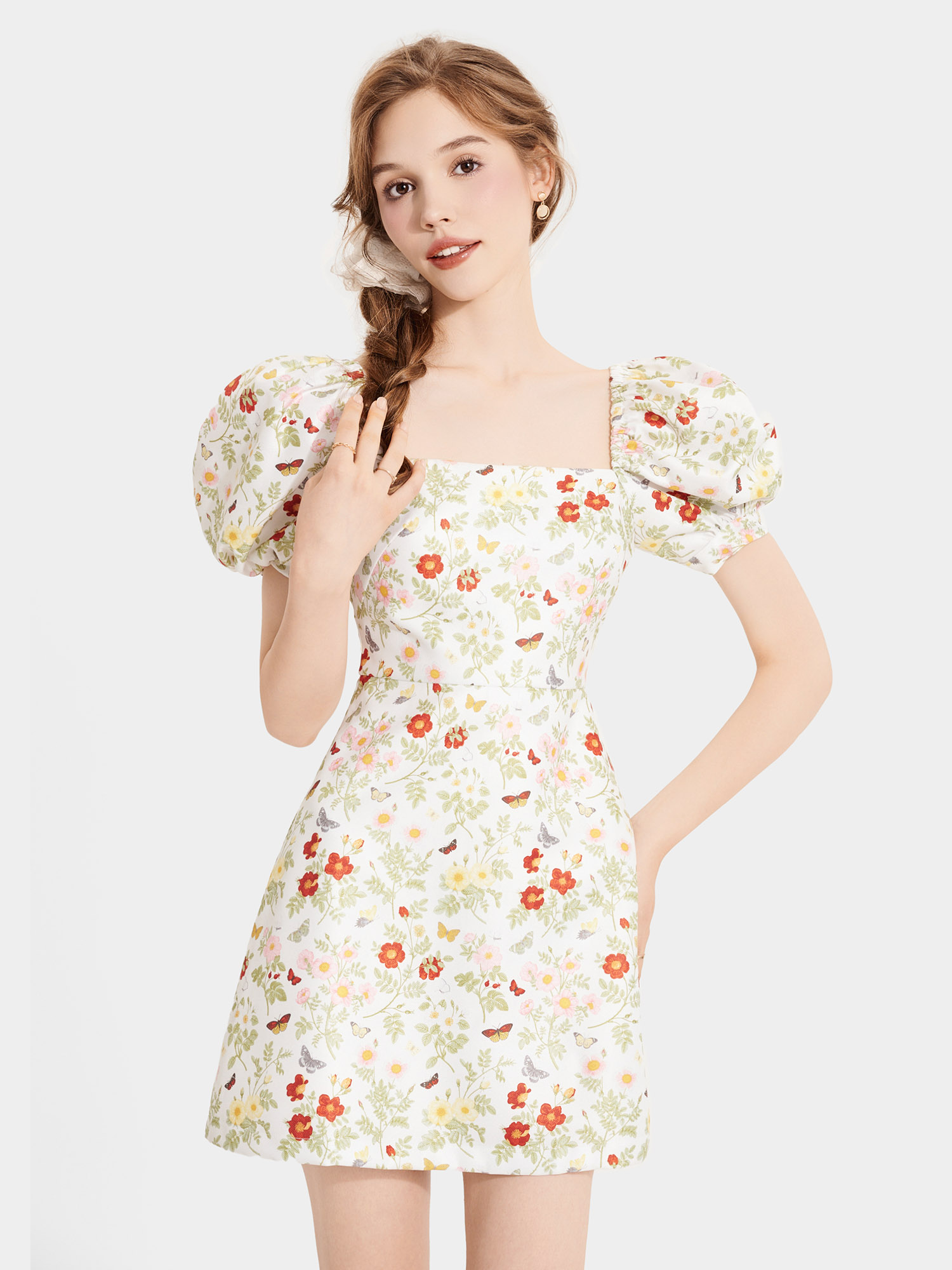 Đầm mini in hoa cổ vuông tay phồng nhún thun