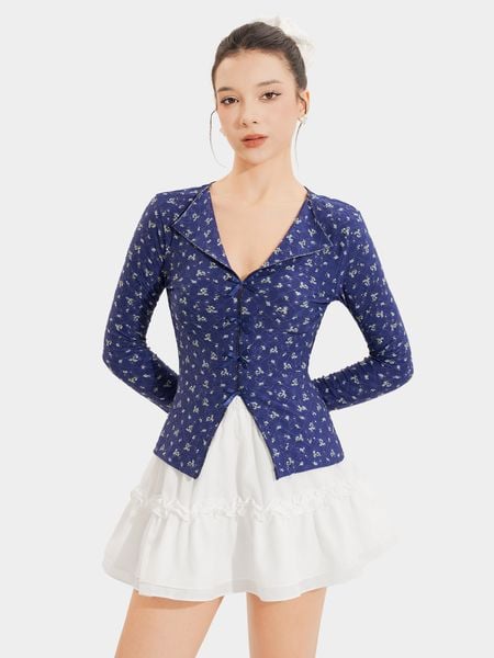  Áo thun thêu tay dài cổ tim đính nơ thân trước 