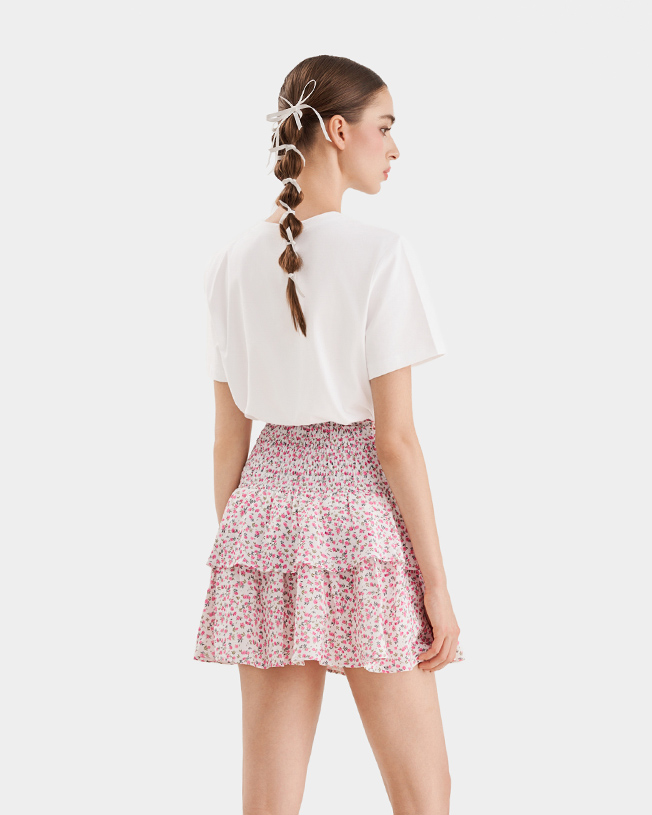 Váy mini form A smocking lưng phối bèo