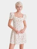  Đầm mini hoa tay ngắn cổ vuông thắt nơ lưng 