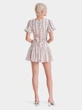  Đầm mini hoa hạ eo tay phồng cổ tròn 