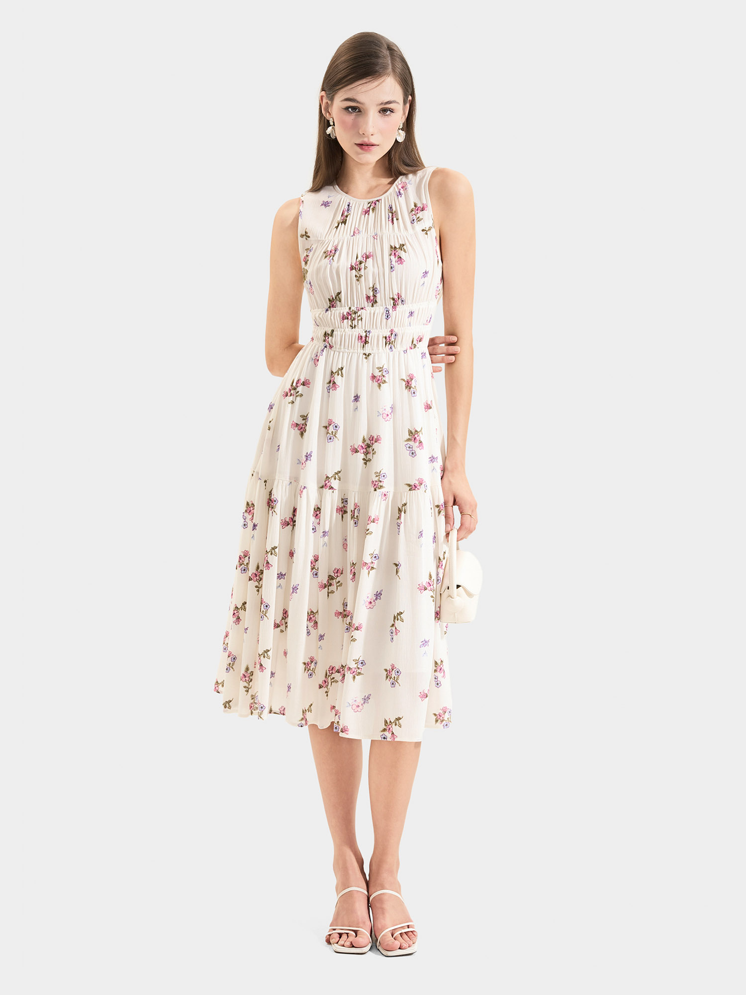 Đầm midi hoạ tiết hoa sát nách rút nhún ngực thun eo