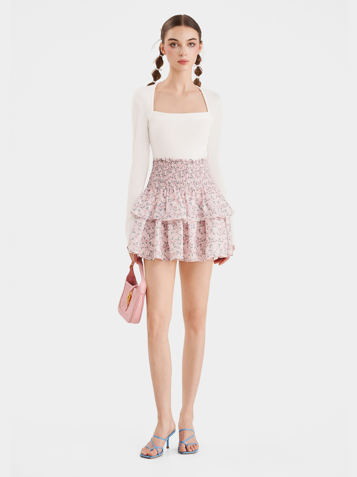 Váy mini form A smocking lưng phối bèo