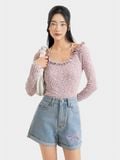  Áo thun tay dài họa tiết cổ thuyền phối bèo đính nơ 