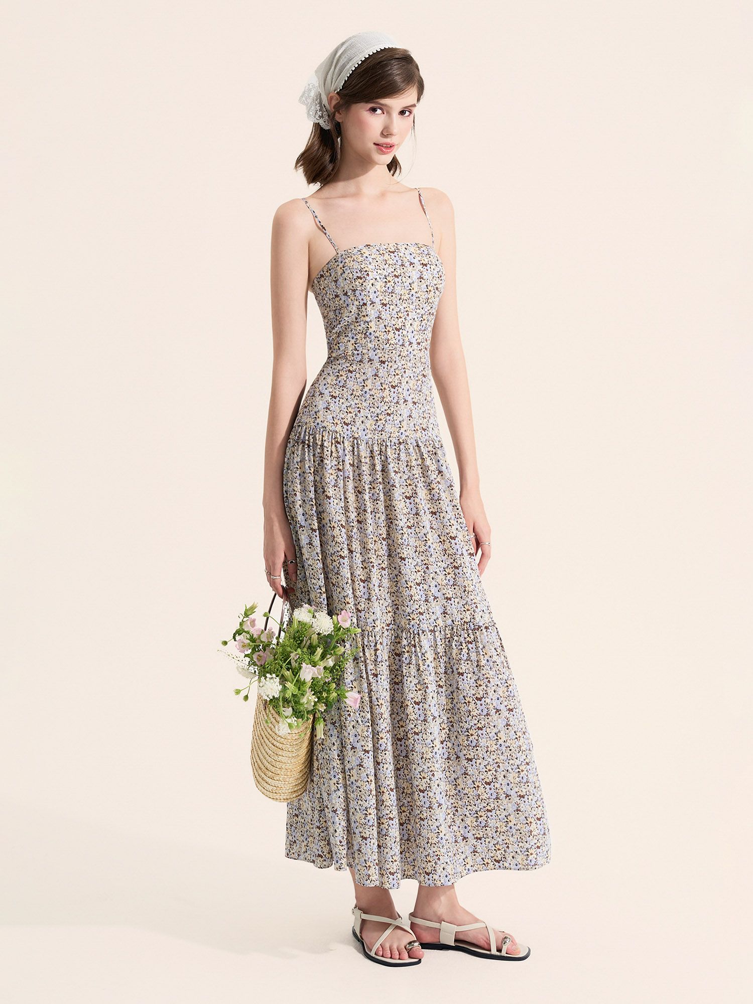  Đầm maxi 2 dây 3 tầng 