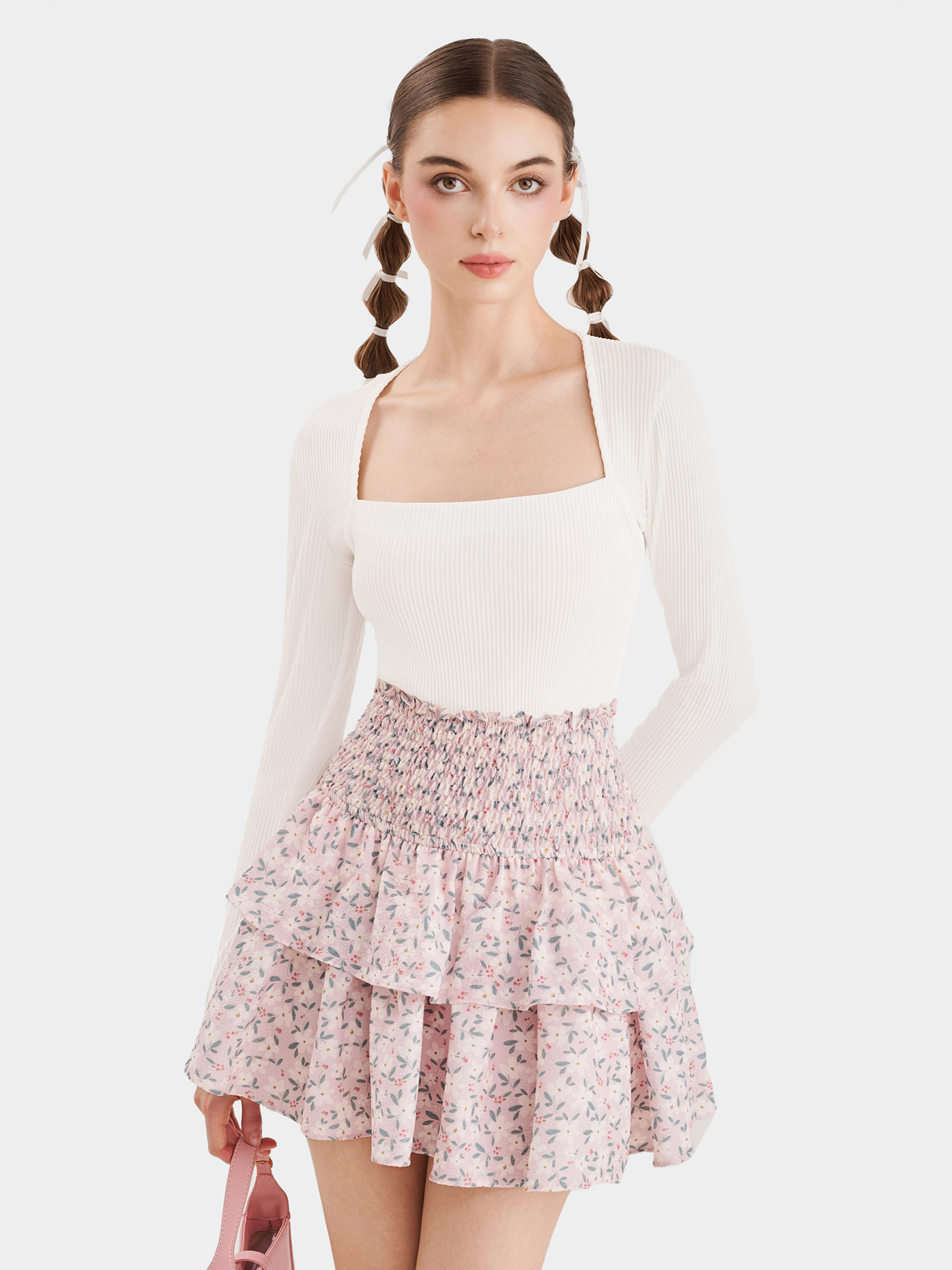 Váy mini form A smocking lưng phối bèo