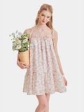  Đầm mini 2 dây thêu hoa form suông phối bèo 
