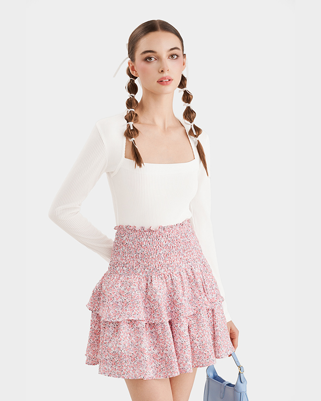 Váy mini form A smocking lưng phối bèo