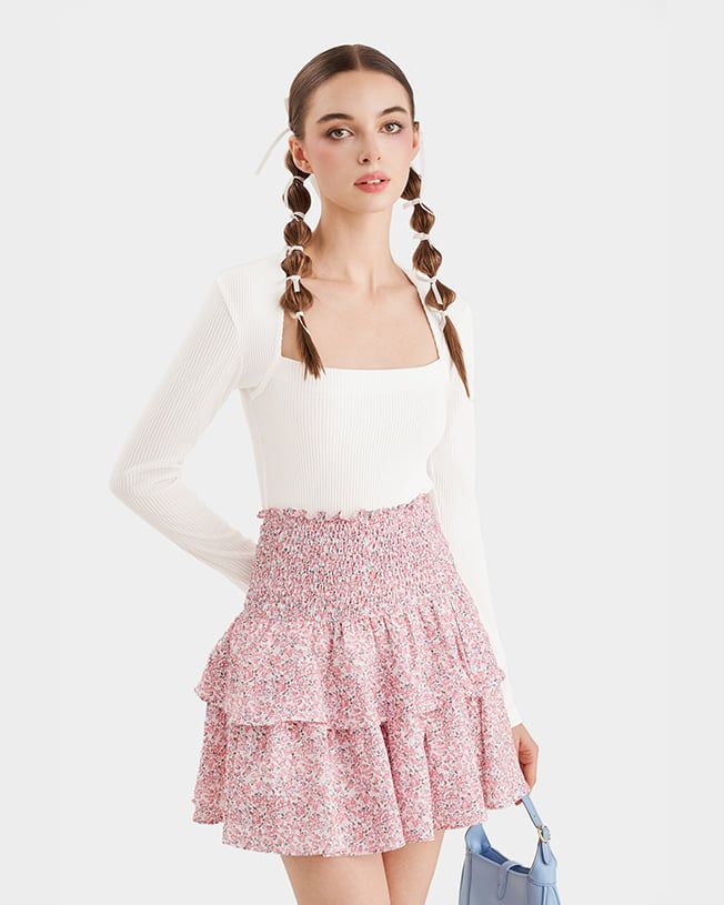  Váy mini form A smocking lưng phối bèo 