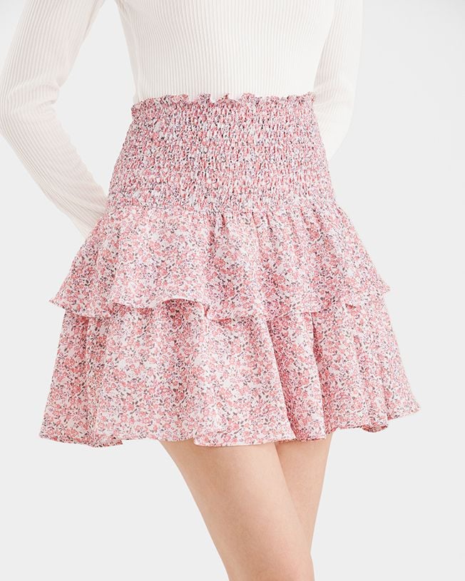  Váy mini form A smocking lưng phối bèo 