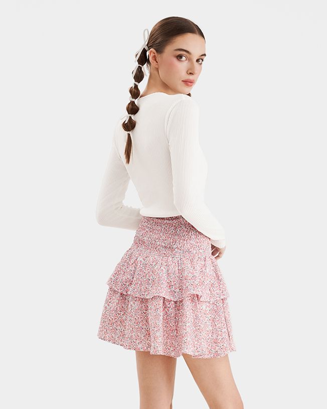  Váy mini form A smocking lưng phối bèo 