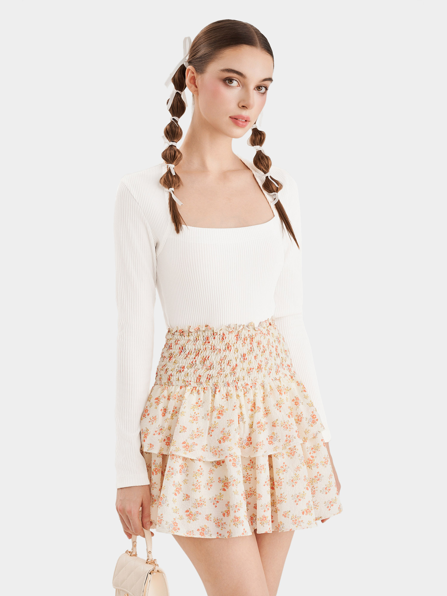 Váy mini form A smocking lưng phối bèo