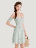  Đầm hoa mini bẹt vai smocking 