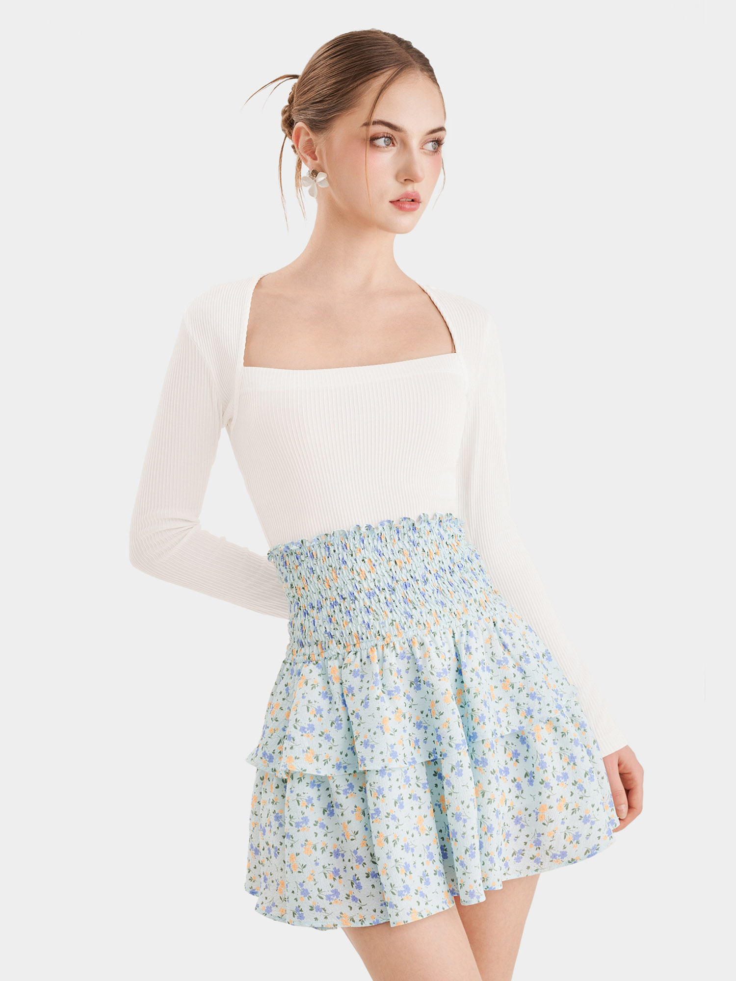 Váy mini form A smocking lưng phối bèo