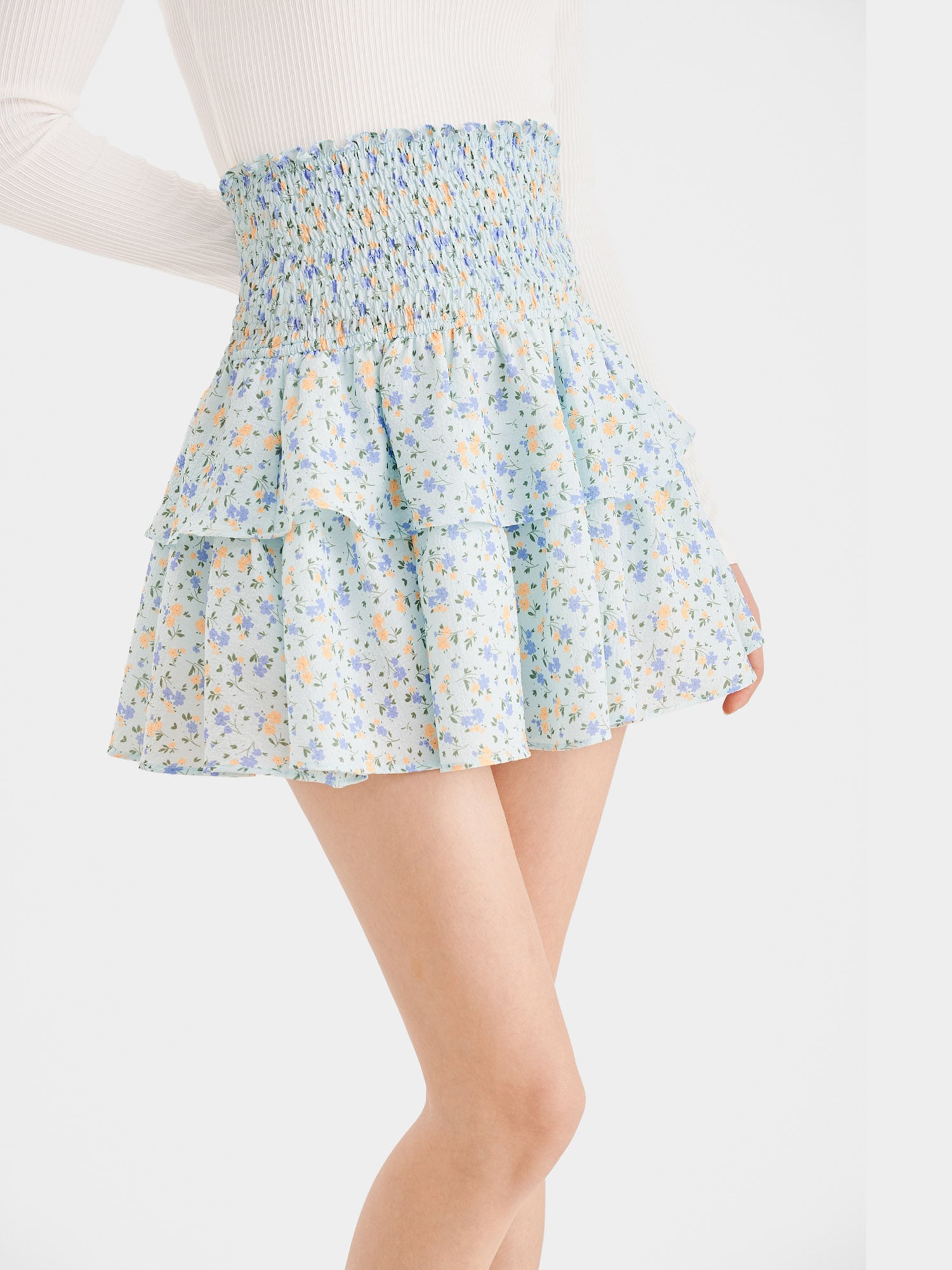 Váy mini form A smocking lưng phối bèo