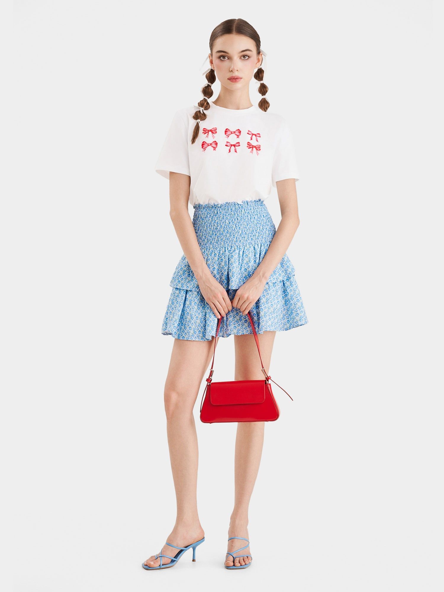  Váy mini form A smocking lưng phối bèo 