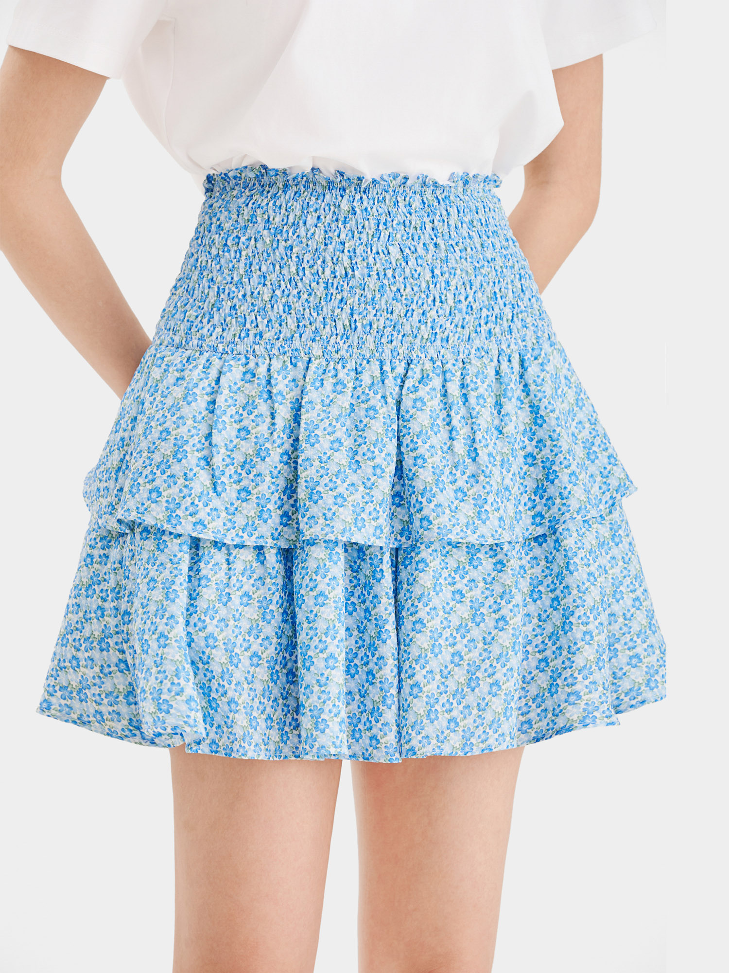 Váy mini form A smocking lưng phối bèo