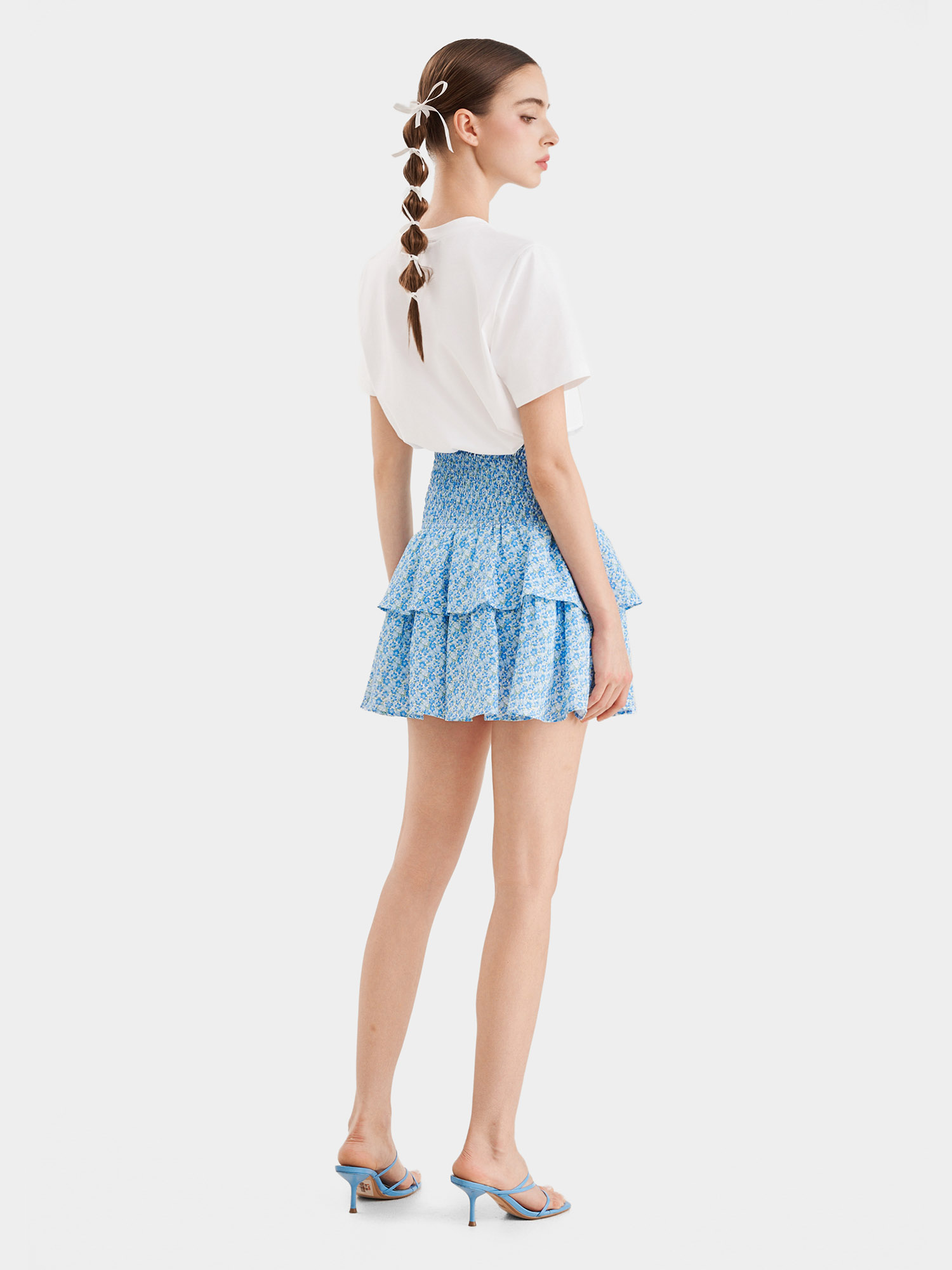 Váy mini form A smocking lưng phối bèo