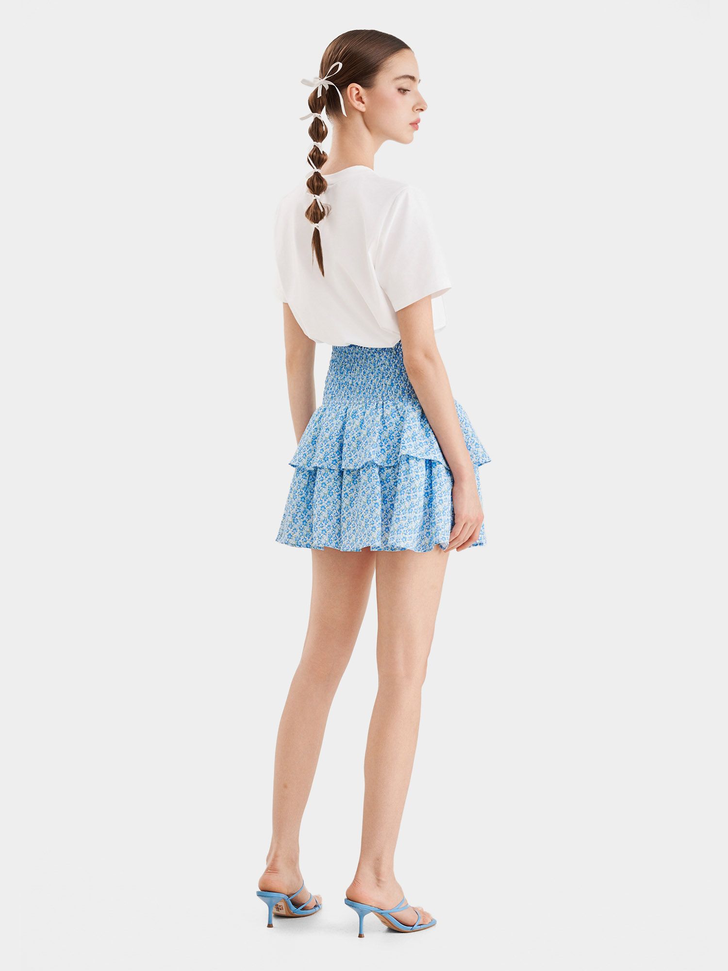  Váy mini form A smocking lưng phối bèo 