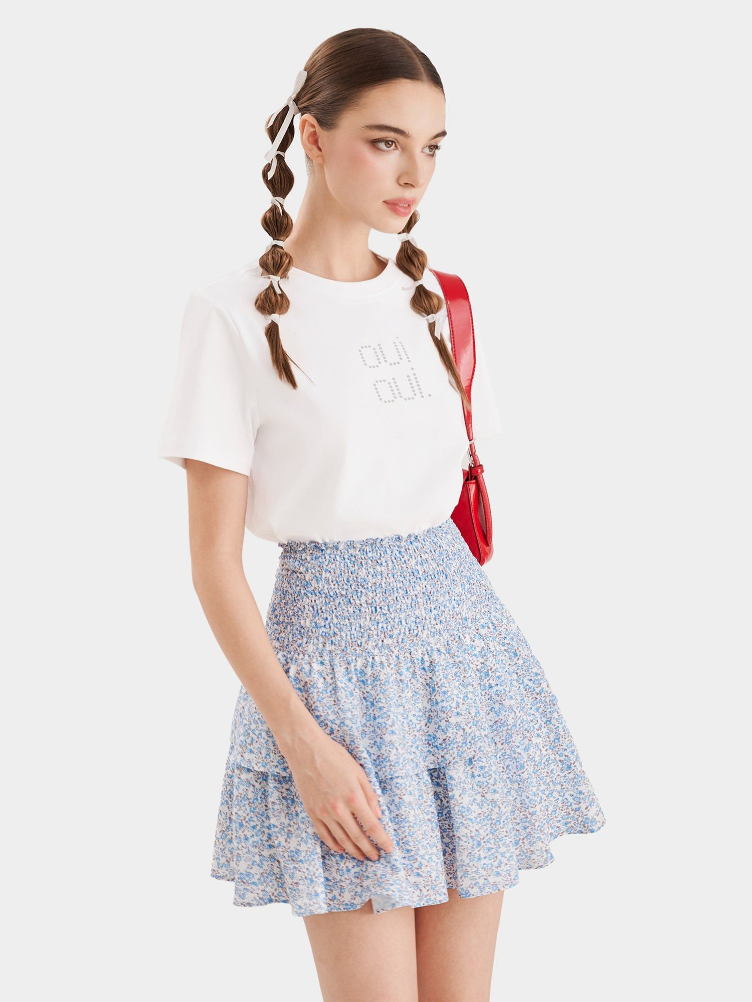  Váy mini form A smocking lưng phối bèo 