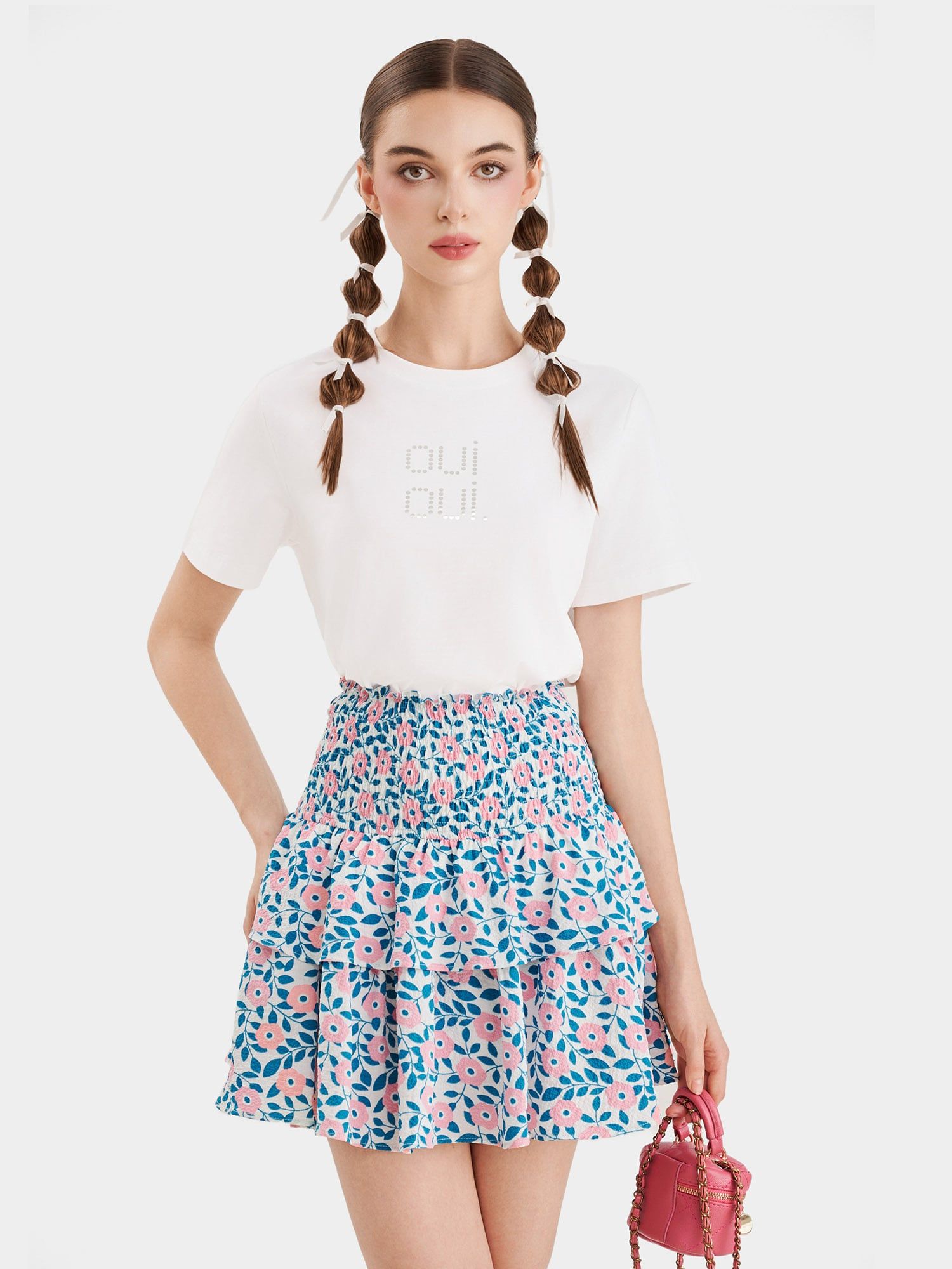  Váy mini form A smocking lưng phối bèo 