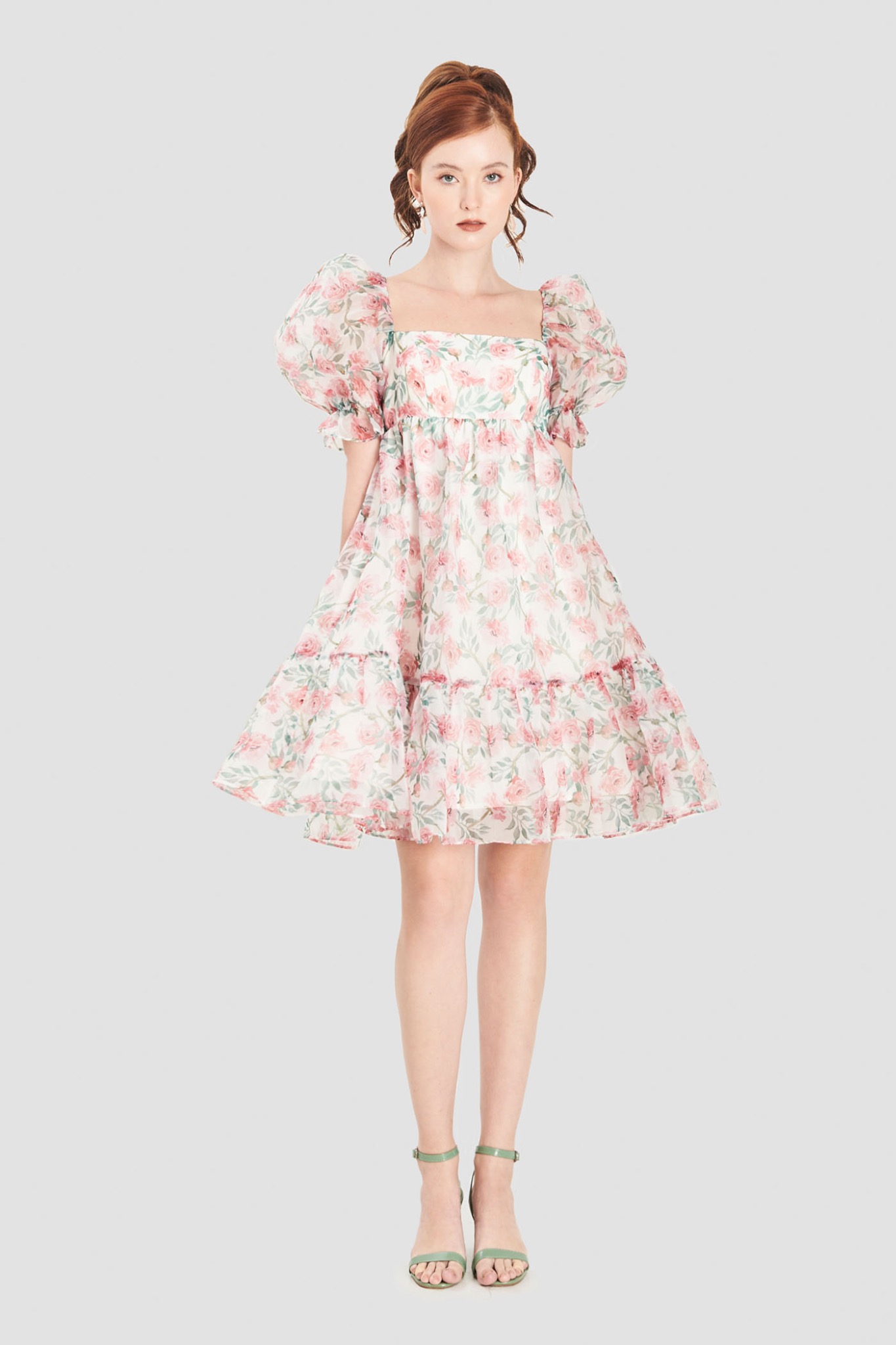 Đầm babydoll sheer hoa hồng eo cao