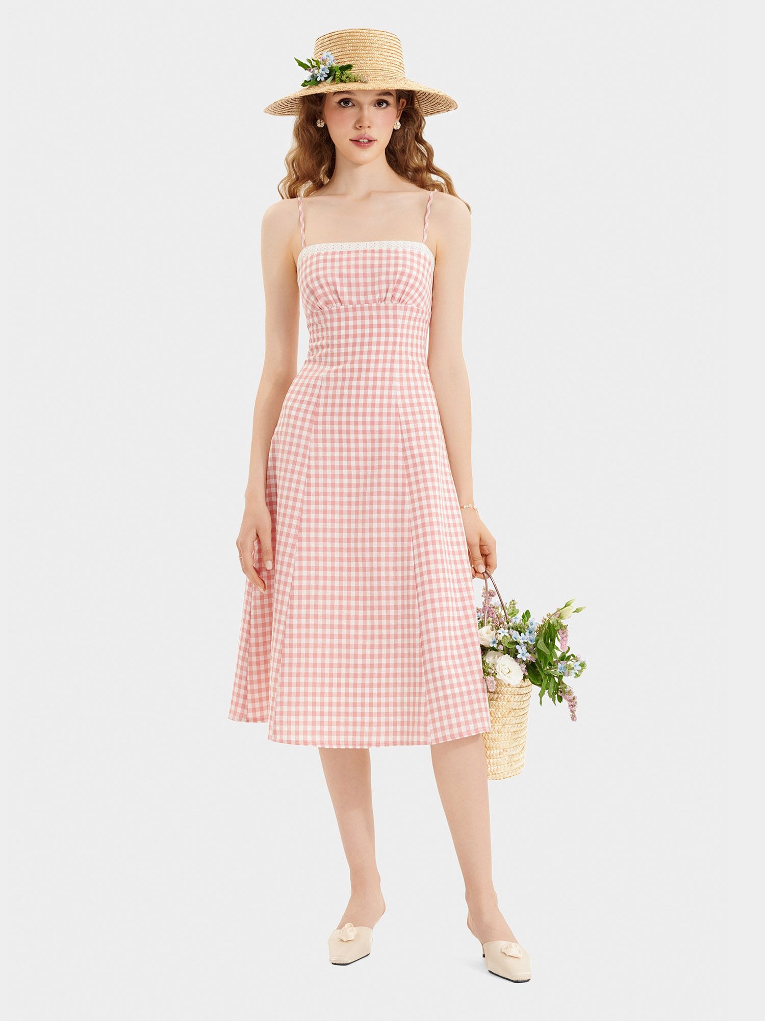  Đầm midi 2 dây caro phối viền ren 