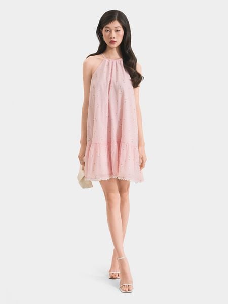  Đầm mini form suông cổ yếm lai phối ren 