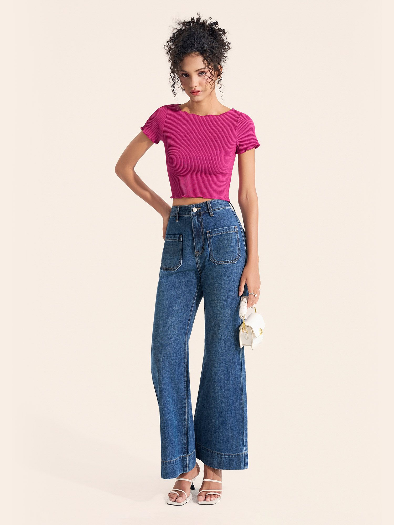  Áo thun gân croptop tay ngắn cuốn biên 