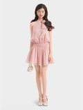  Đầm mini sát nách nhún eo cổ xẻ đính hoa 