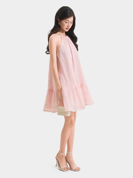  Đầm mini form suông cổ yếm lai phối ren 