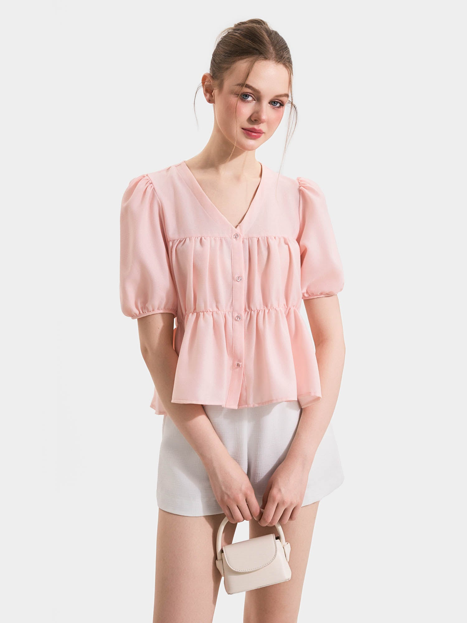 Áo kiểu cổ tim tay phồng nhún ngực và eo