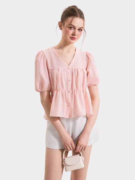  Áo kiểu cổ tim tay phồng nhún ngực và eo 